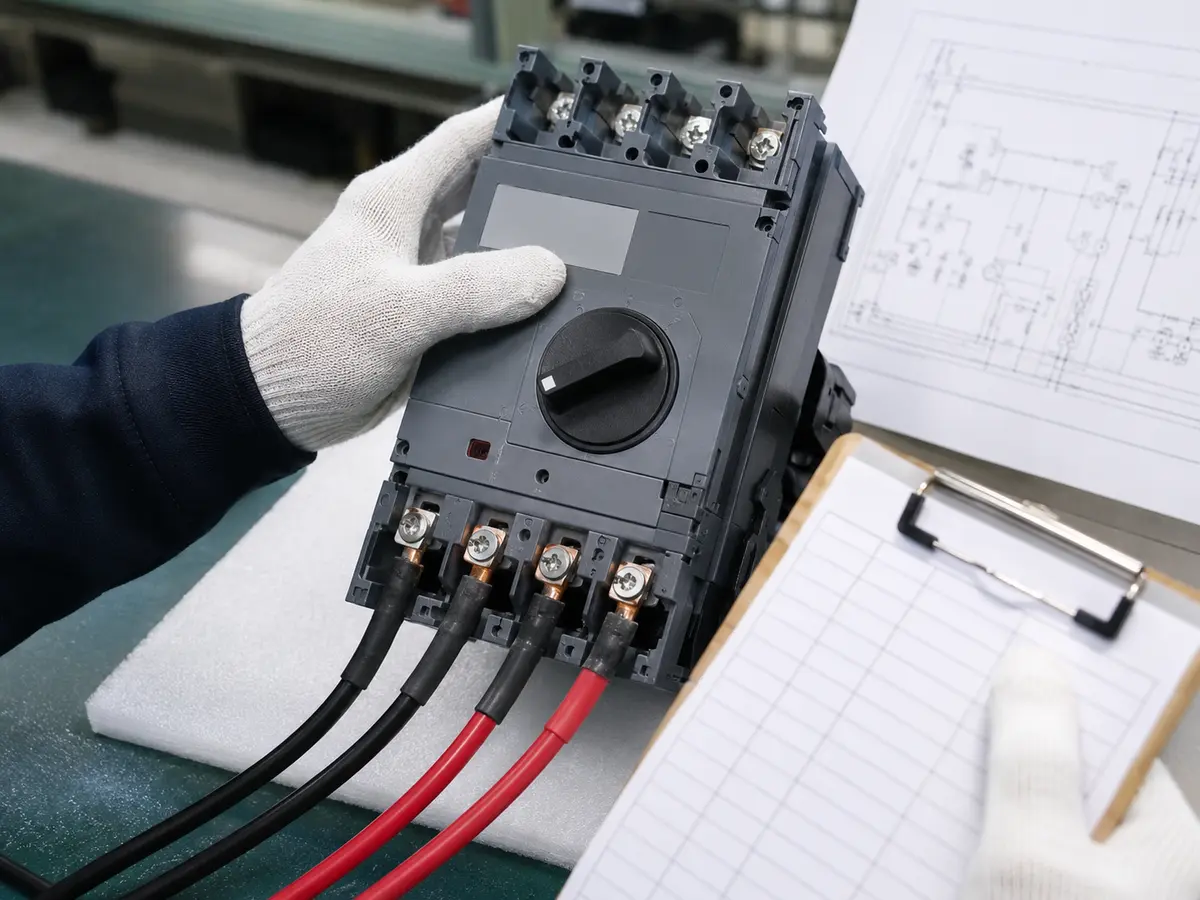DC Isolator Label and Terminal Check Inspection of a DC isolator model label terminals and wiring diagram
