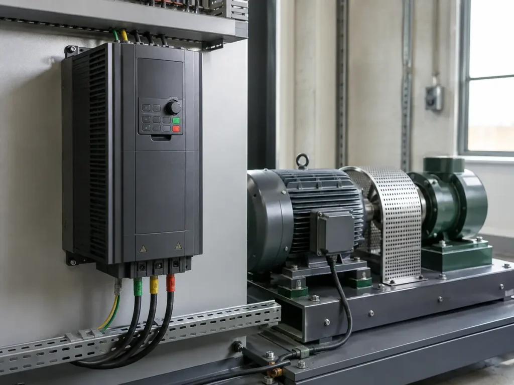 Variable frequency drive controlling an AC motor on an industrial test bench