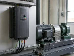 Variable frequency drive controlling an AC motor on an industrial test bench