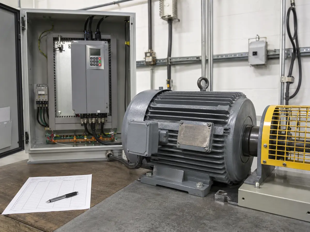 How to Read a Motor Nameplate for VFD Selection Three-phase motor nameplate beside a variable frequency drive selection sheet