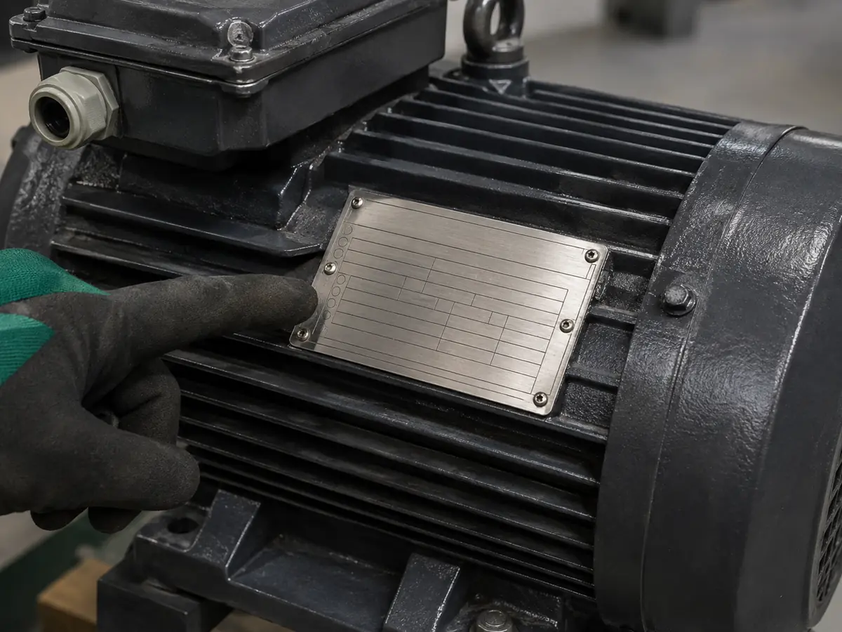 Motor Nameplate Data Needed for VFD Selection Close view of a three-phase motor nameplate used to confirm voltage, current, frequency, and speed for VFD selection