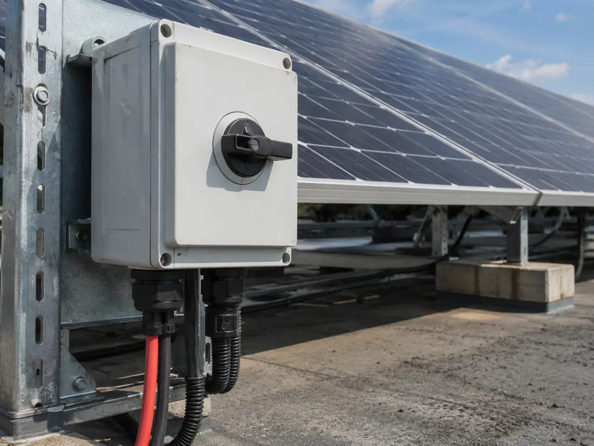 Outdoor DC Isolator Installation Outdoor DC isolator switch with shaded enclosure and sealed cable glands