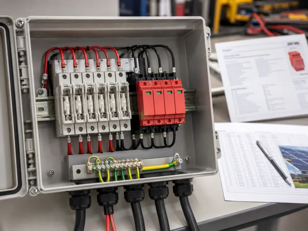 PV combiner box output cable busbar isolator and enclosure thermal review