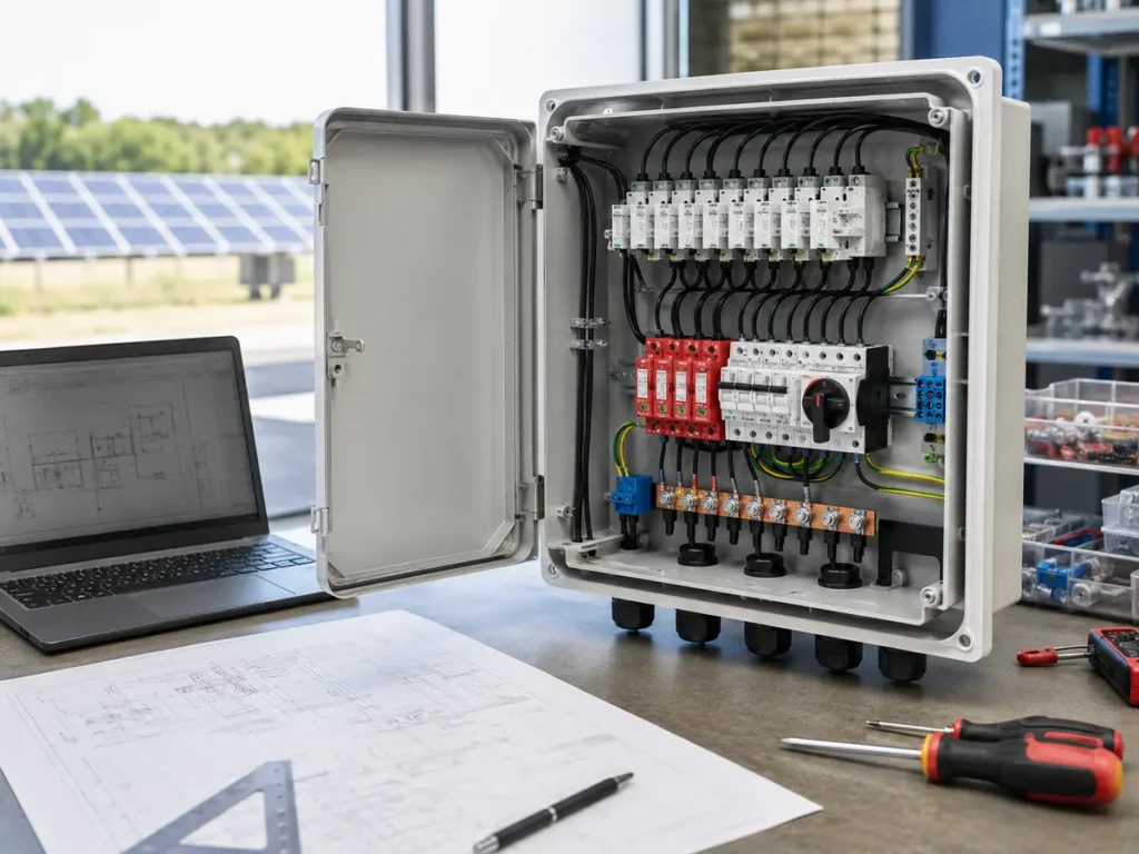 PV combiner box sizing worksheet with string fuses SPD DC isolator and output ratings