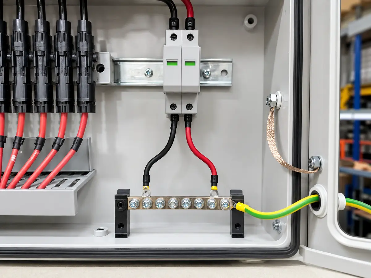PV Combiner Box SPD and Earth Path PV combiner box SPD connection with short direct path to earth bar