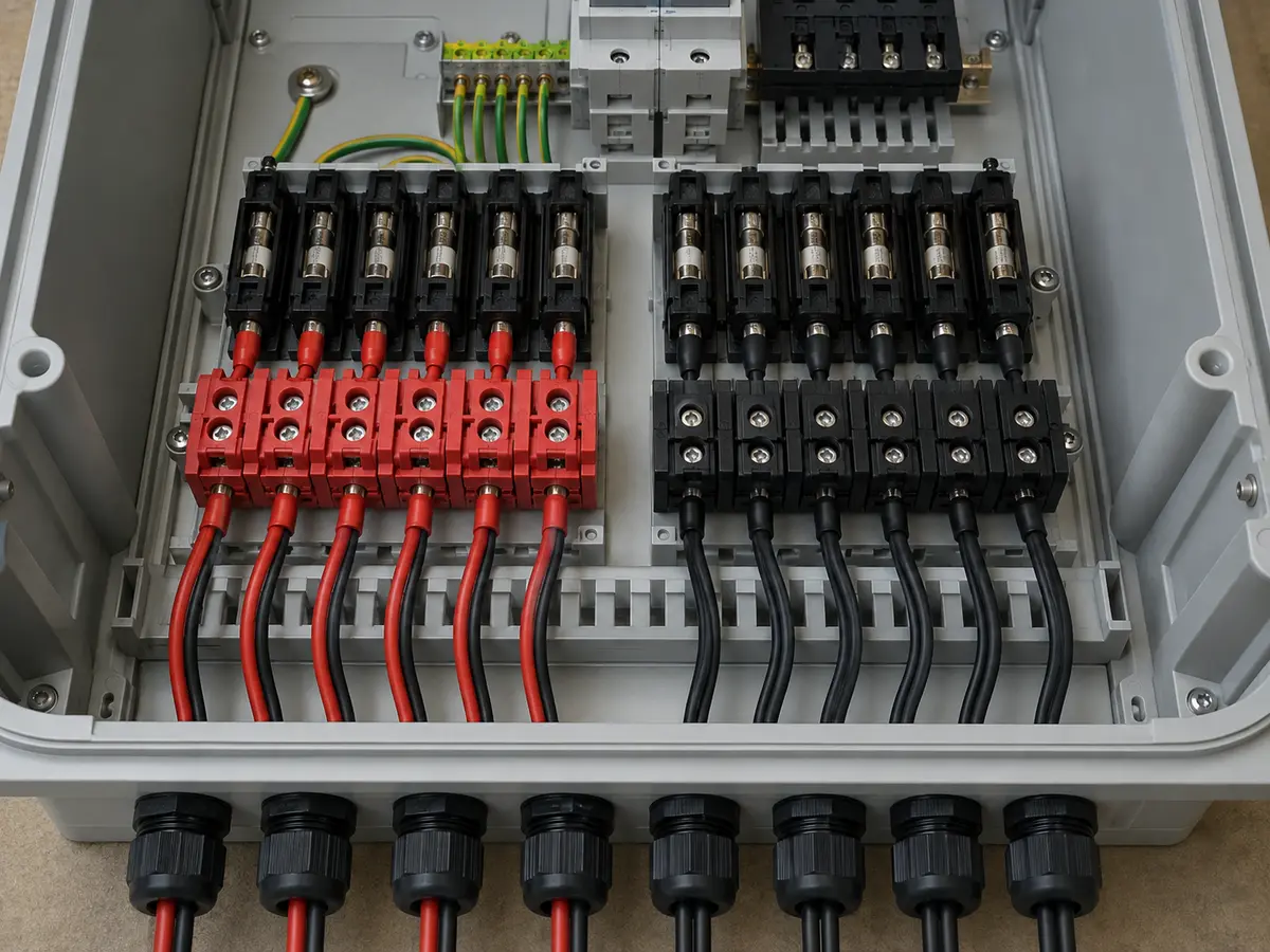 PV Combiner Box String Input Layout Labeled positive and negative PV string inputs inside a combiner box