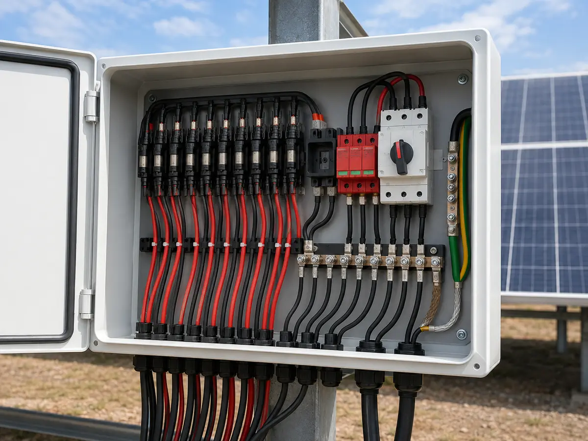 PV Combiner Box Wiring Diagram Guide PV combiner box wiring diagram showing string inputs fuses SPD isolator and DC output