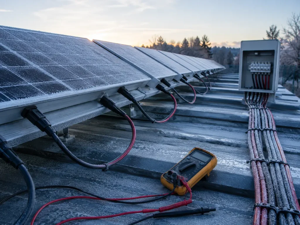 Cold corrected PV string open circuit voltage calculation for combiner box sizing