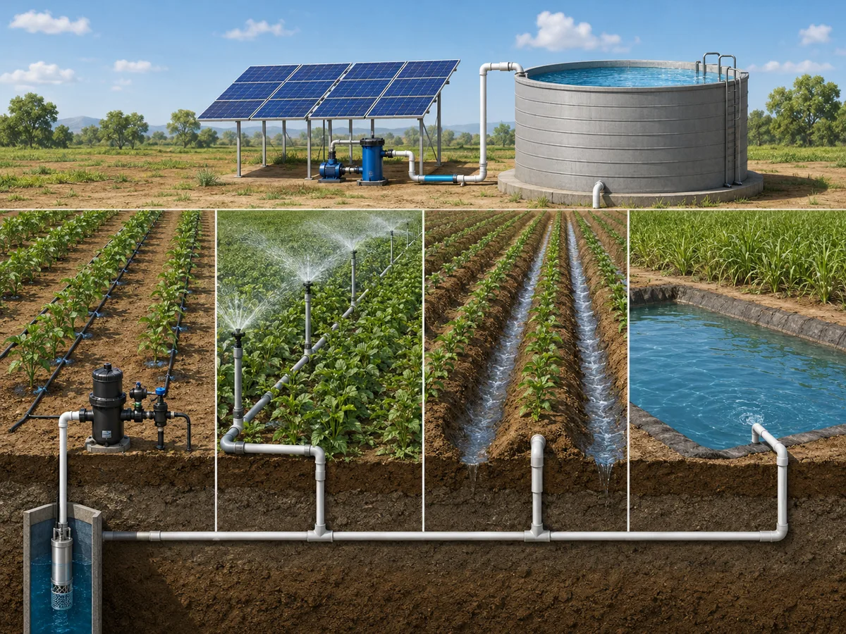 Solar Irrigation Pump Methods Four diagrams compare how water reaches drip lines, sprinklers, furrows, and a storage tank.