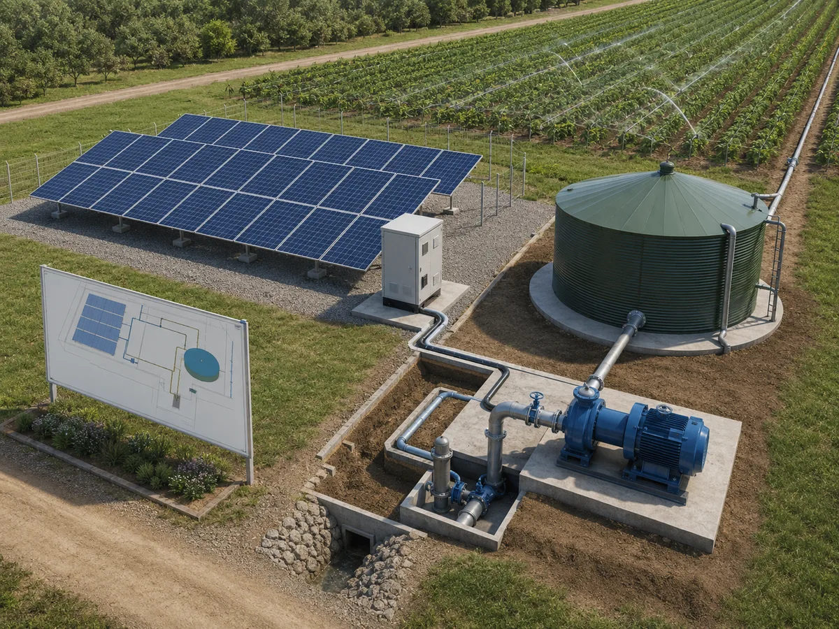 Solar Powered Irrigation System Plan A system diagram follows water from the source and pump to a storage tank and irrigated field.
