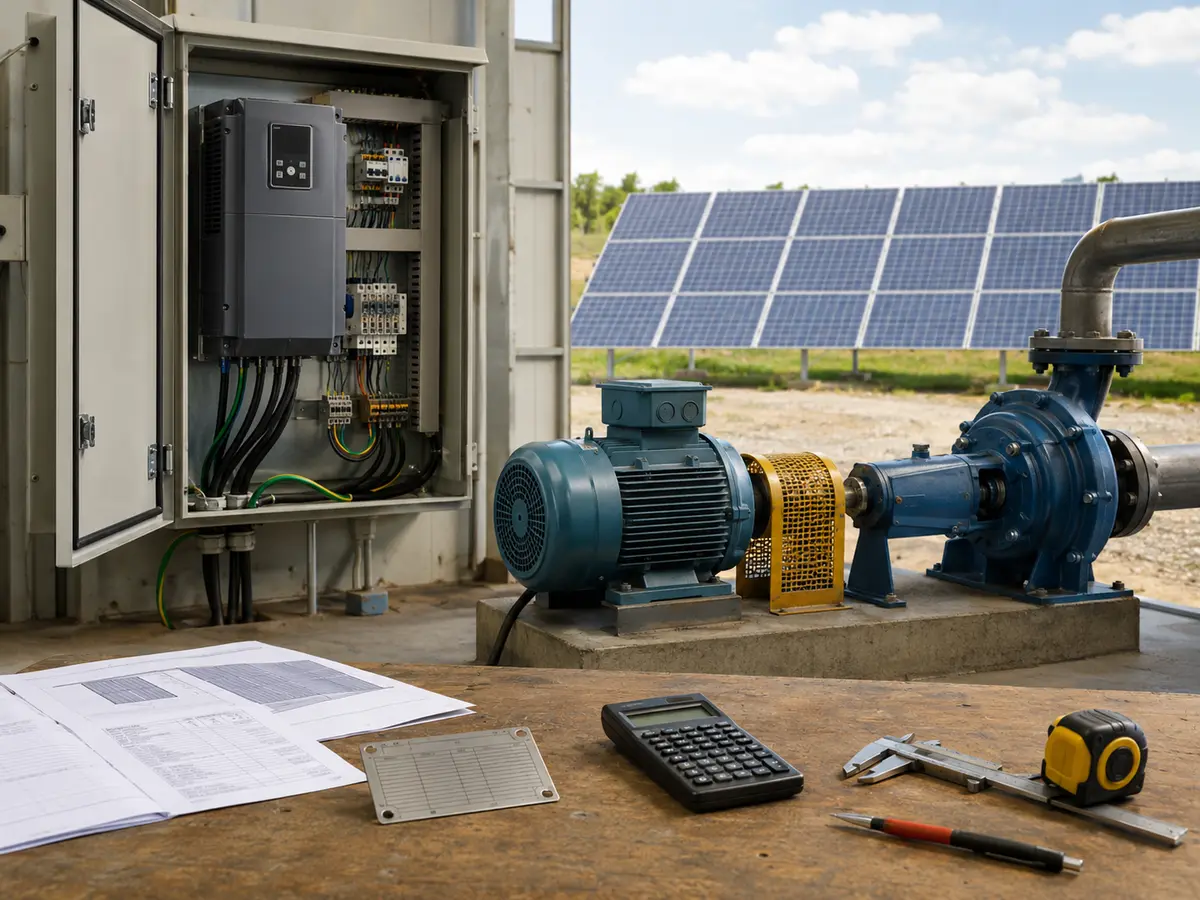 Solar Pump Inverter Sizing Guide Solar pump inverter sizing worksheet beside pump motor and photovoltaic array data