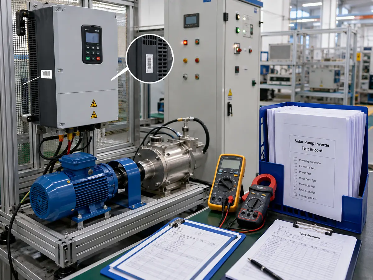 Solar Pump Inverter Testing and Traceability Solar pump inverter functional test record linked with model label serial number and firmware revision
