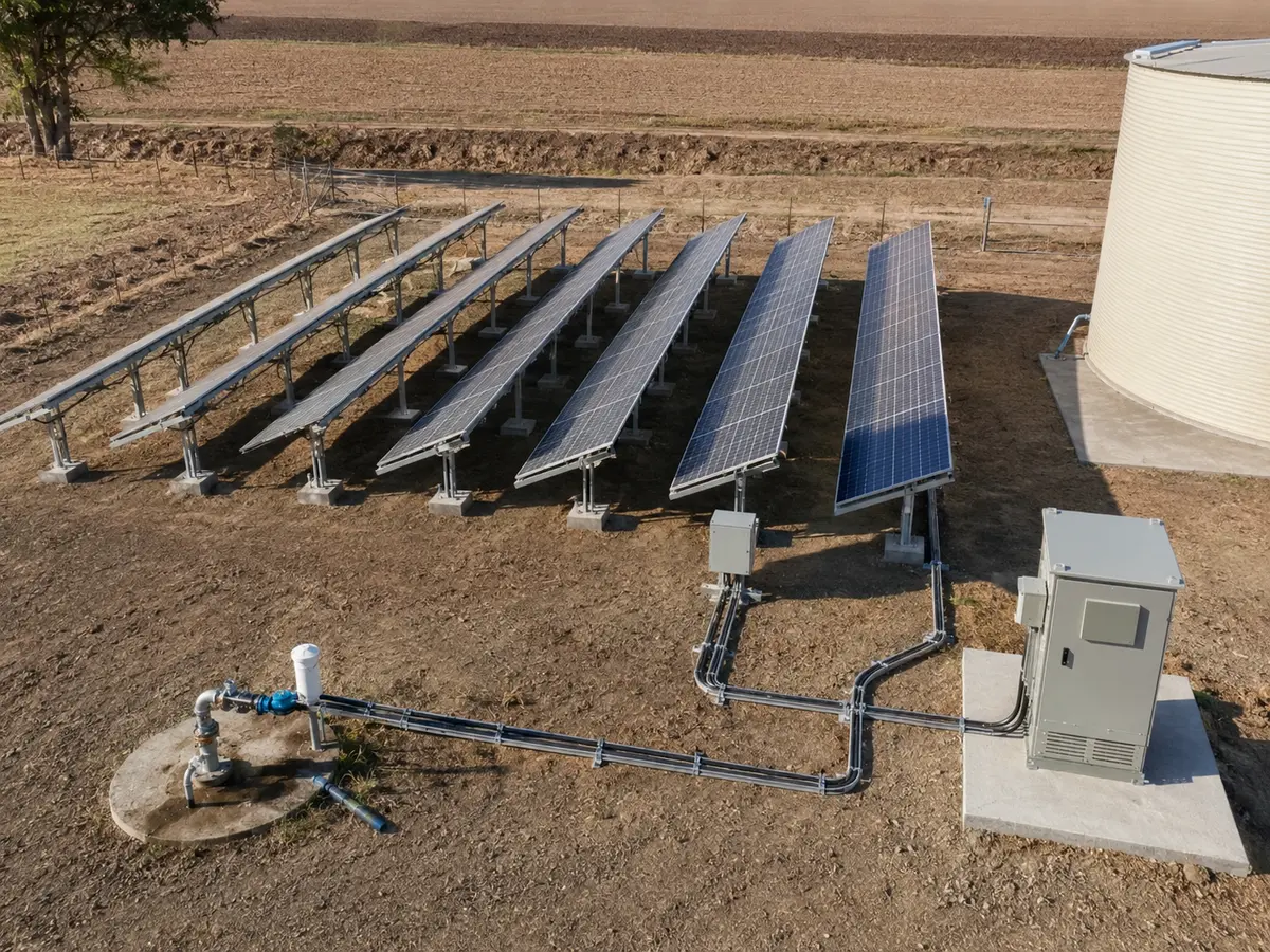 Solar Pump Panel Layout and Site Losses Solar water pump panel layout showing tilt shading and DC cable route