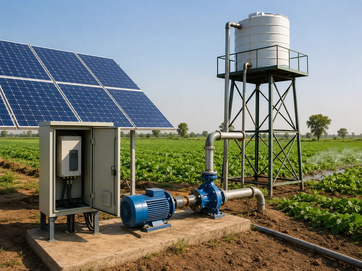 Solar Water Pump for Irrigation Solar panels power a pump that lifts water into a storage tank beside farmland.