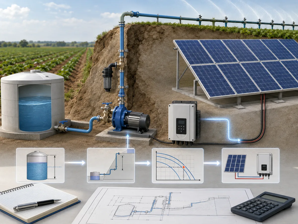 Solar Water Pump Irrigation Sizing A sizing worksheet links daily water demand and pumping head to the pump curve and PV string.
