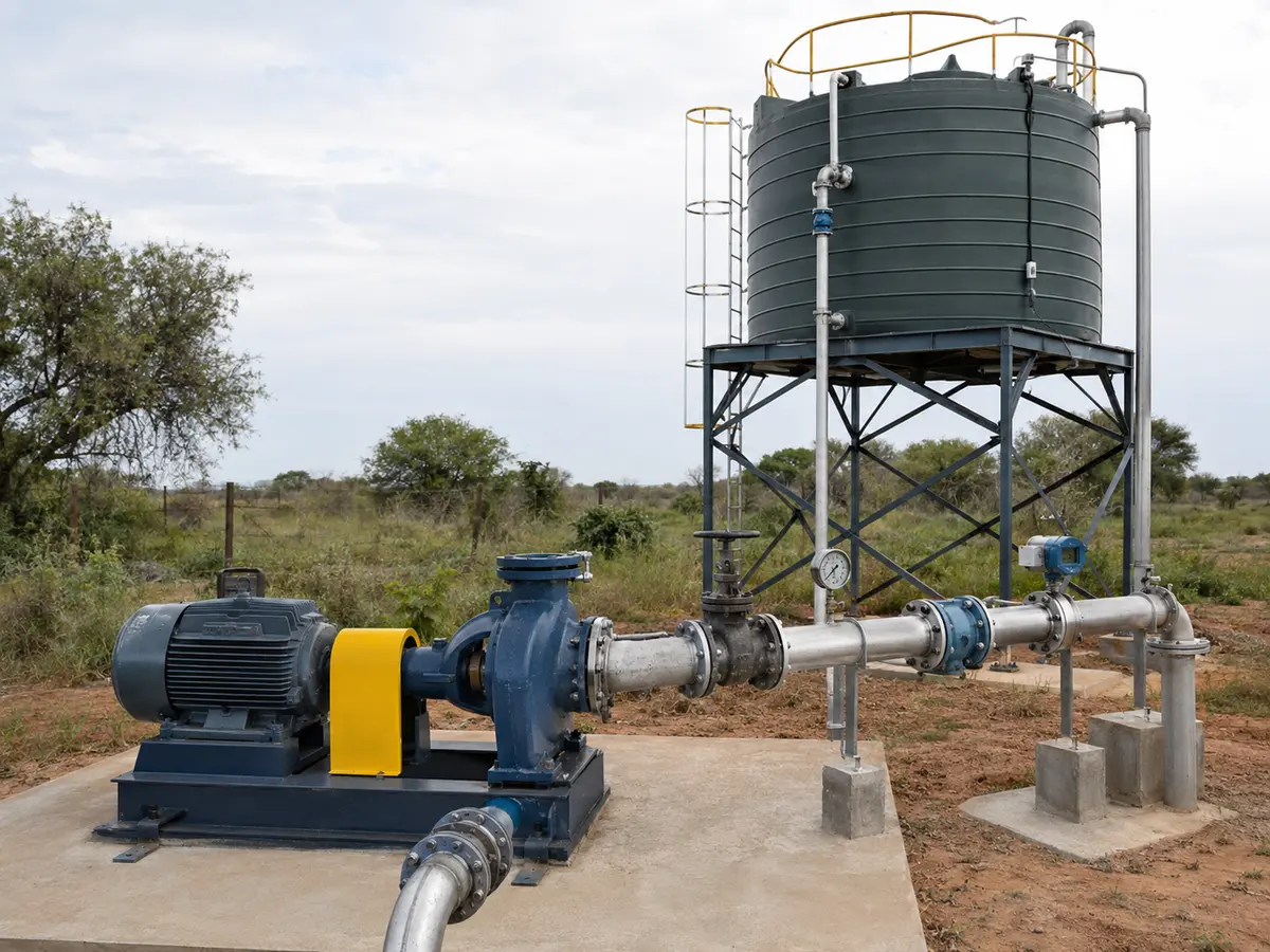 Solar Pumping Hydraulic Components Water pump pipe valves flow meter and storage tank in a solar pumping installation