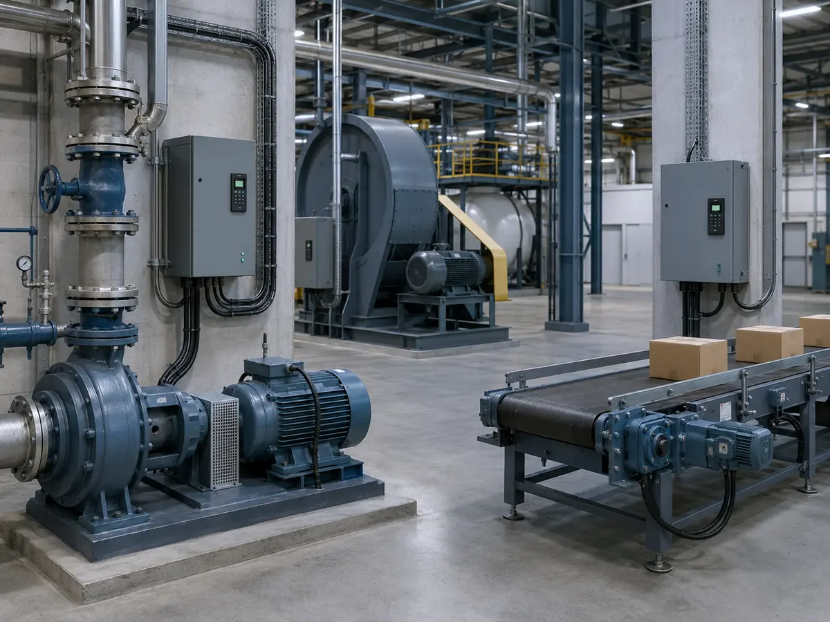 Common Variable Frequency Drive Applications Industrial pump fan and conveyor shown as common variable frequency drive applications