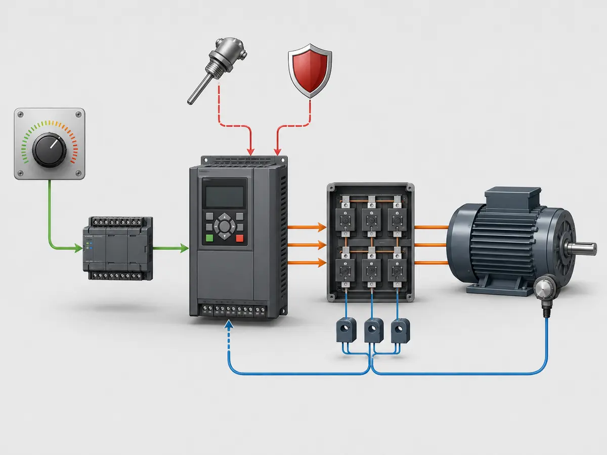 VFD Speed Command, Feedback, and Protection Loop VFD control loop with speed command motor model current feedback and protection limits