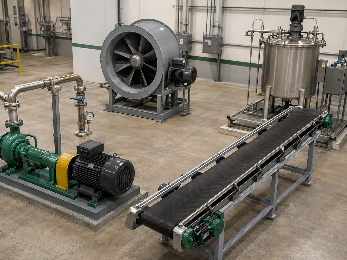 VFD Load Types for Pump, Fan, Conveyor, and Mixer Applications Industrial pump, fan, conveyor, and mixer representing different VFD load types