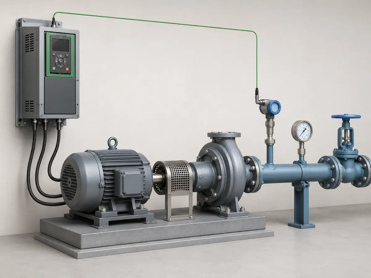 VFD Pump PID Pressure Control with Feedback Sensor Pressure transmitter feeding a VFD PID loop for constant-pressure pump control