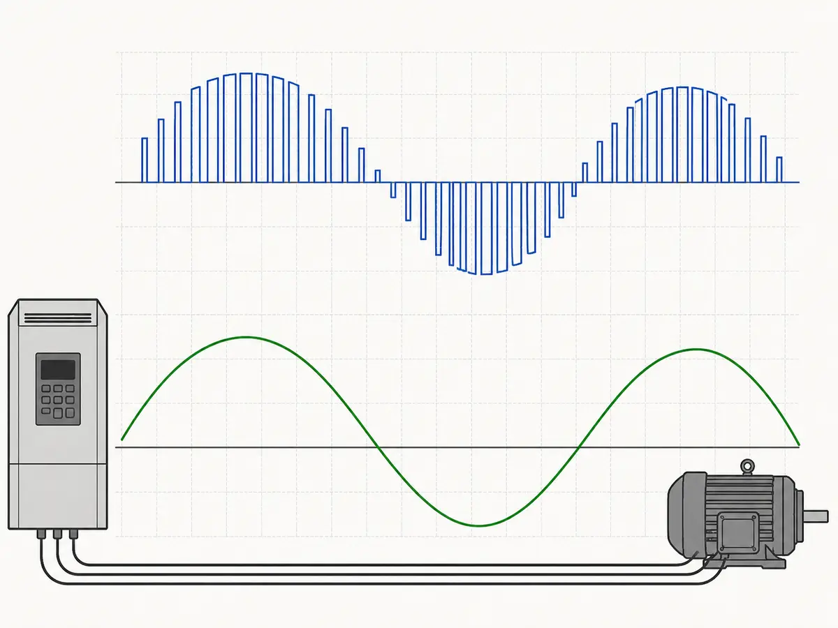 VFD PWM Output Voltage and Motor Current PWM voltage pulses and smoother AC motor current from a variable frequency drive