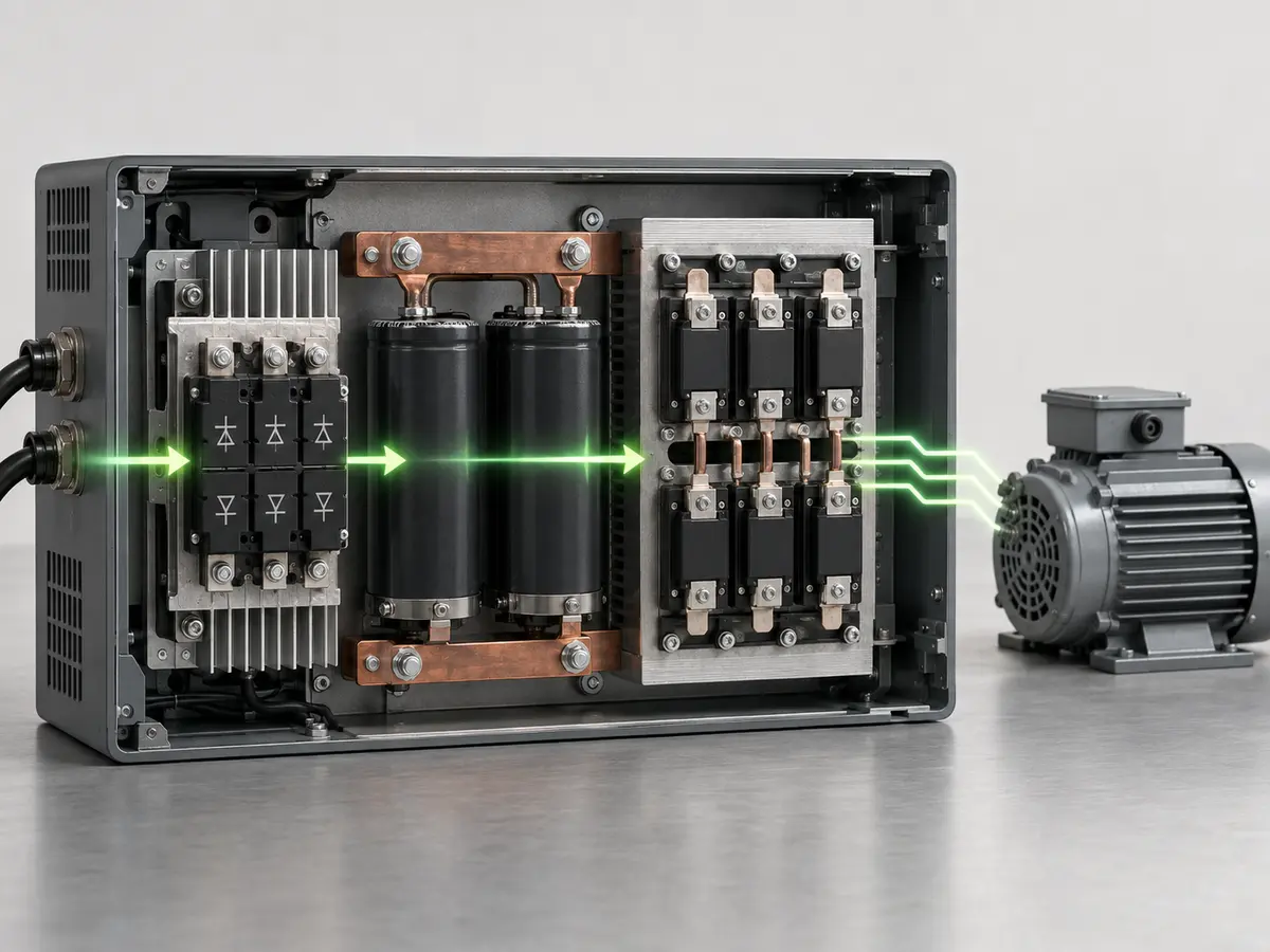 VFD Rectifier, DC Bus, and Inverter Overview Simplified VFD power path from rectifier through DC bus to inverter and AC motor