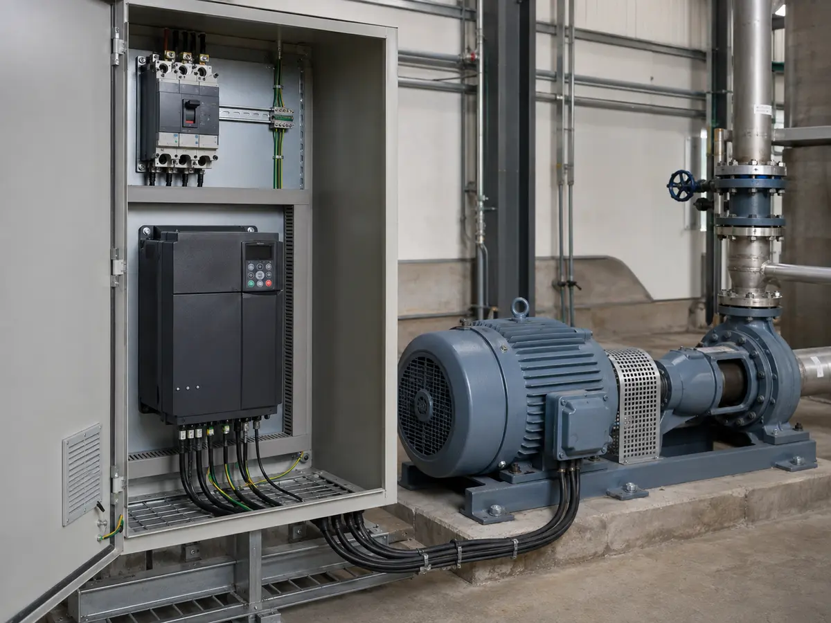 What Is a Variable Frequency Drive? Variable frequency drive mounted beside an industrial AC motor