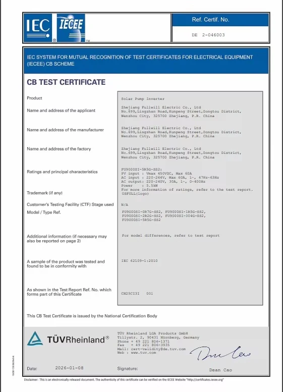 CB test certificate for a UFELE solar pump inverter model family