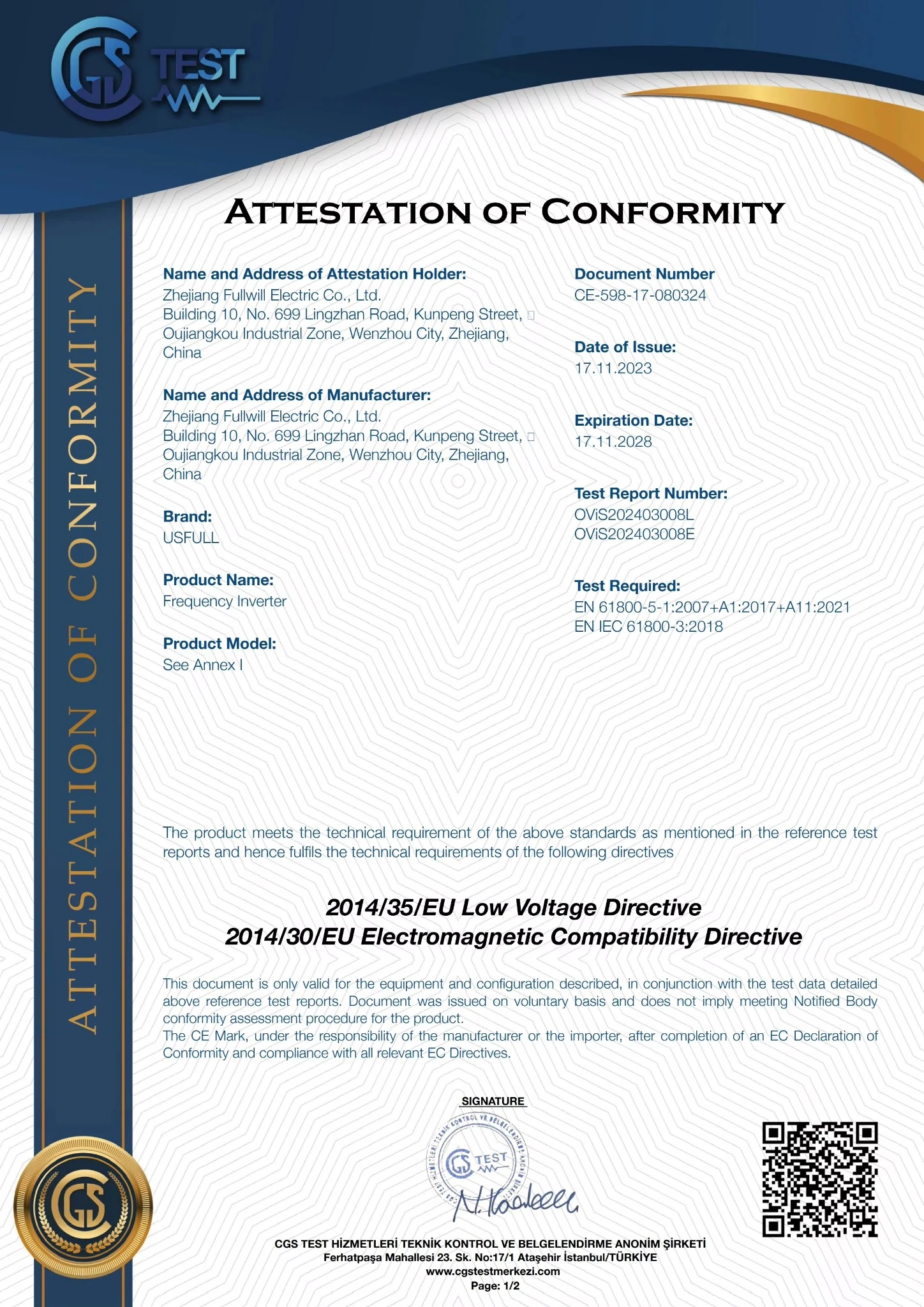 CE or conformity attestation file for UFELE frequency inverter models