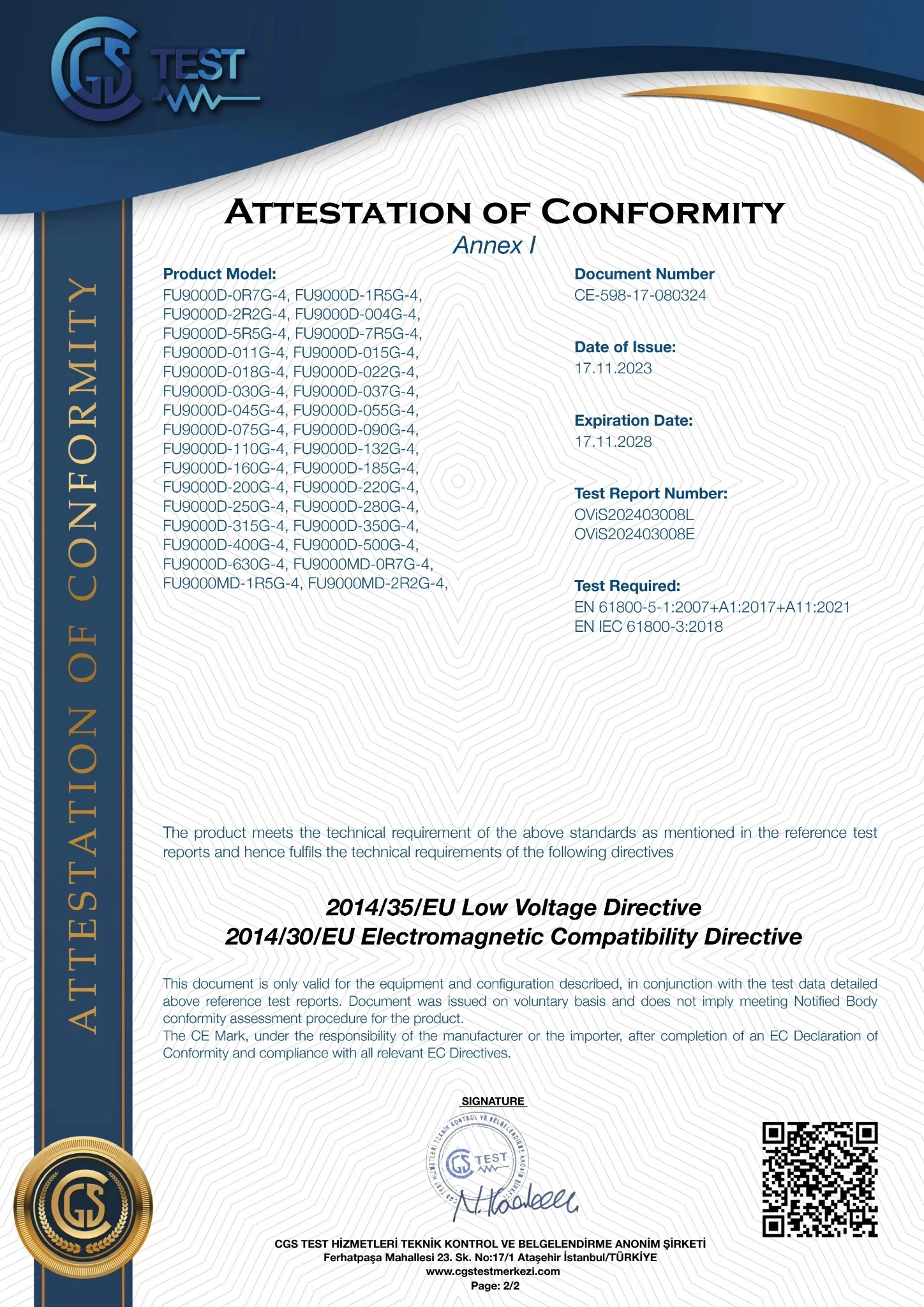 Certificate Scope Annex Review Annex page used to verify the exact frequency inverter model scope before approval