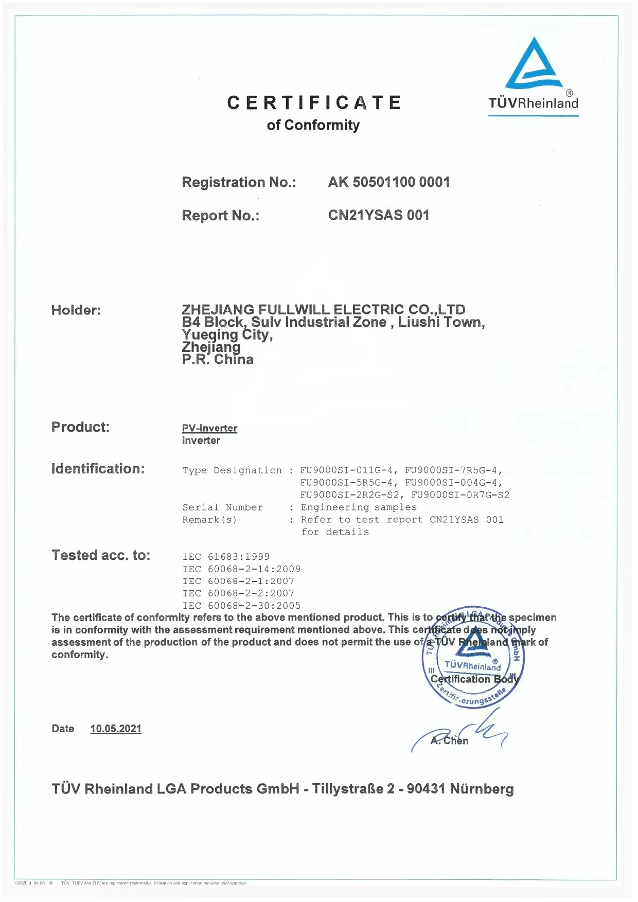 TUV certificate of conformity file for PV inverter products from UFELE