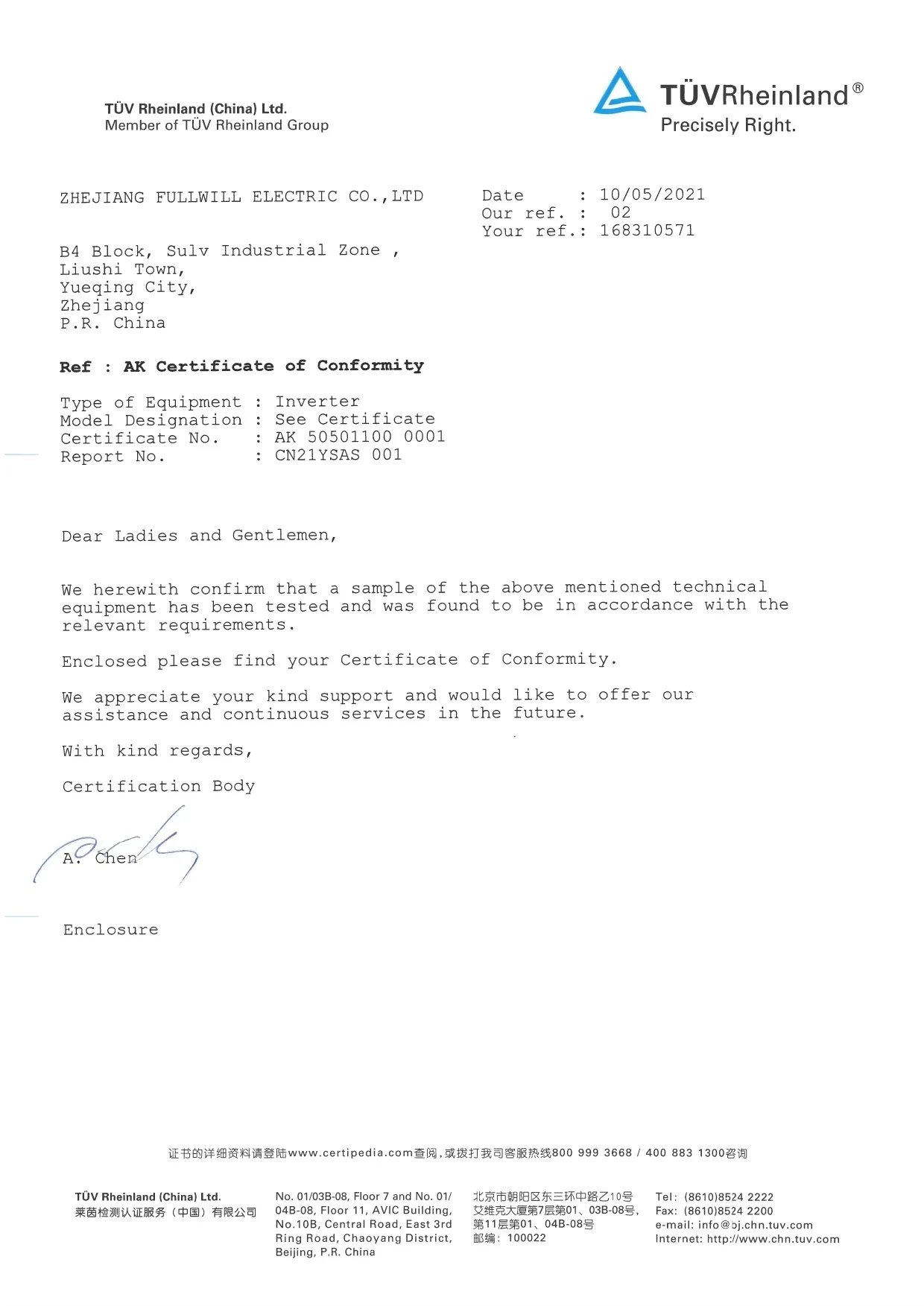 TUV Support Letter for Certificate Review TUV support letter and accompanying certificate file used in document review