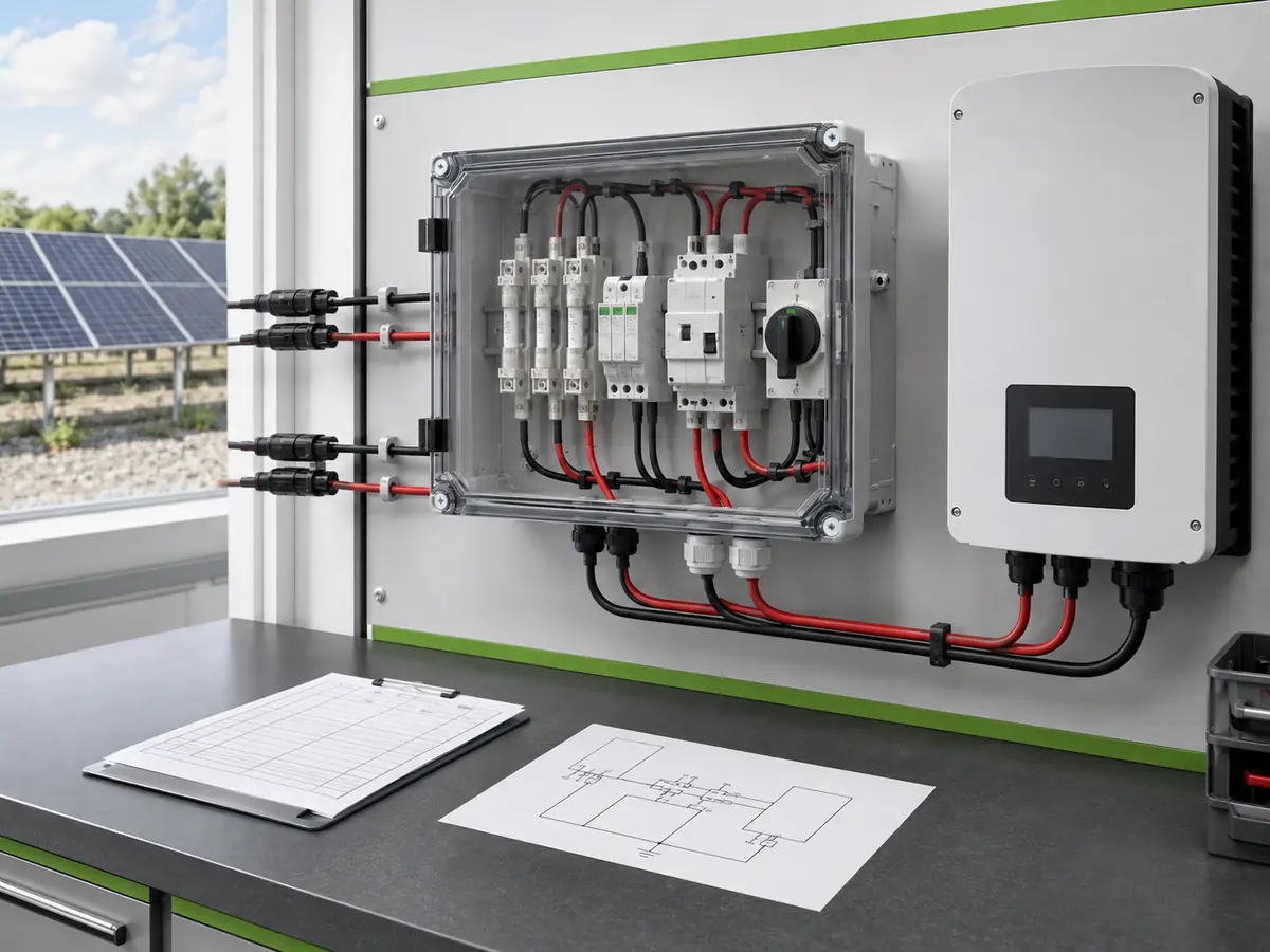 PV Array and DC Protection Reference PV strings entering a combiner box with DC fuses, SPD, breaker and isolator before a solar pump inverter
