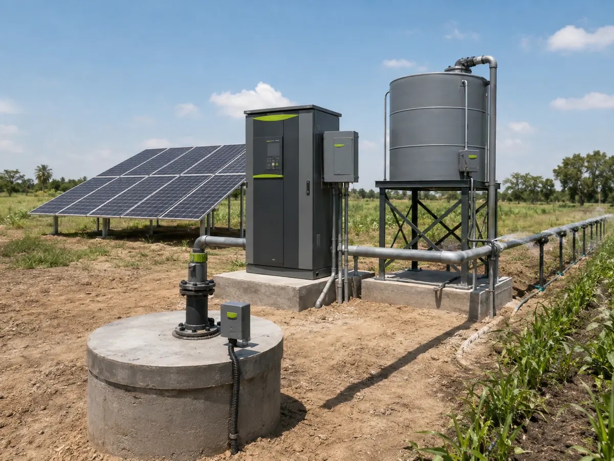 Solar Water Pumping System Working Logic Solar water pumping system layout with PV panels inverter pump tank and level sensors
