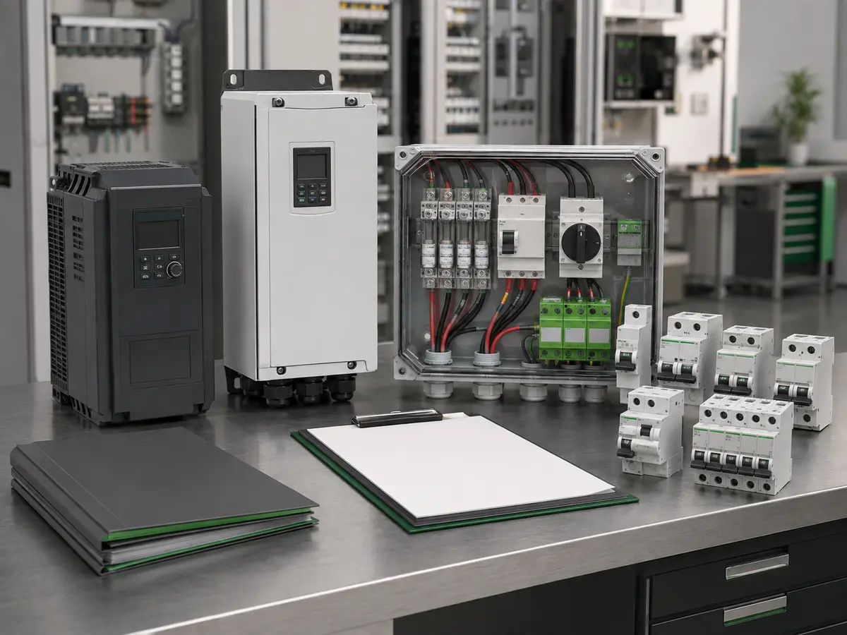 VFD, solar pump inverter, PV DC protection and low-voltage devices on a technical FAQ workbench