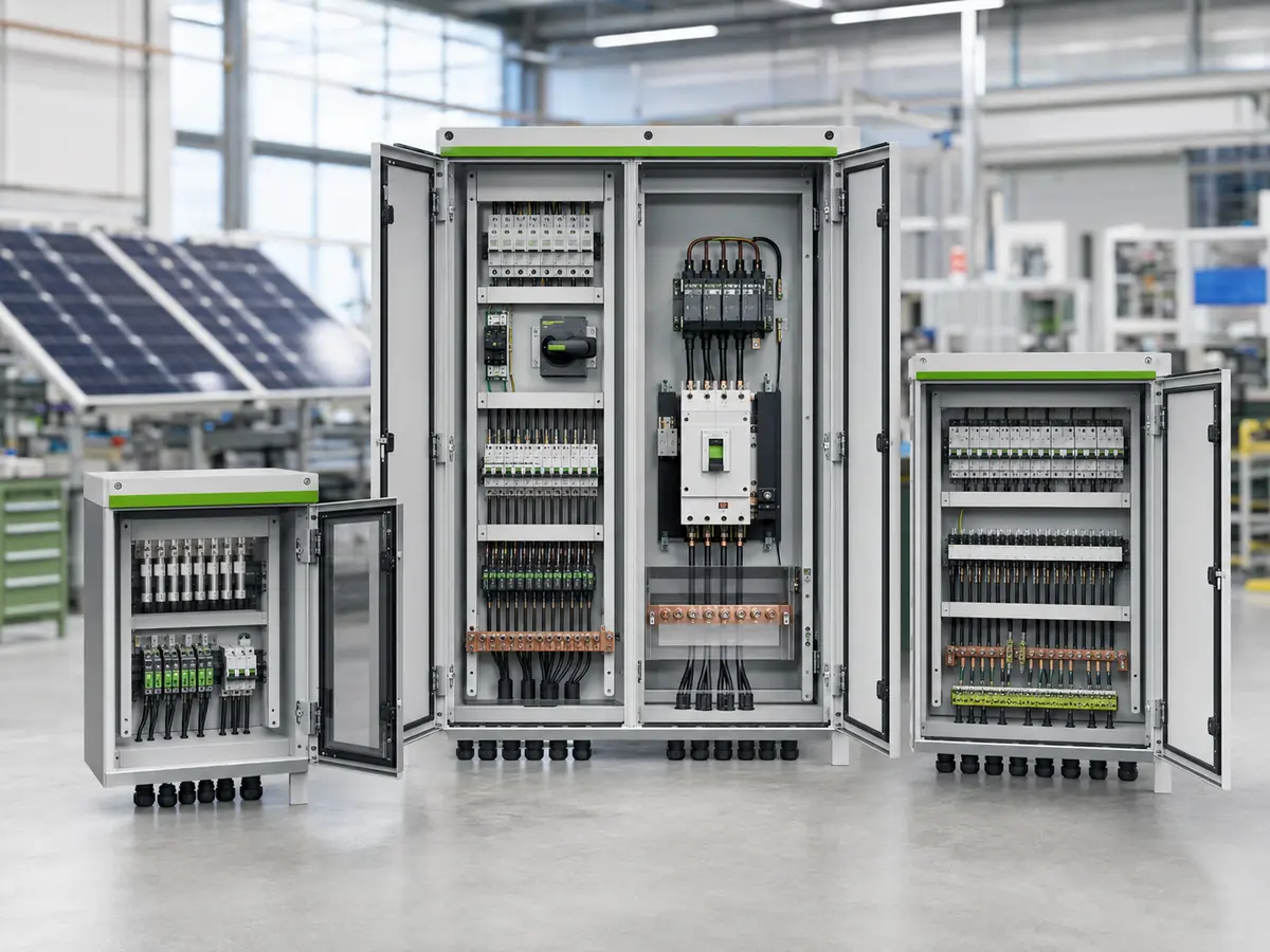 UFELE solar PV combiner box range for DC strings AC output and hybrid protection layouts