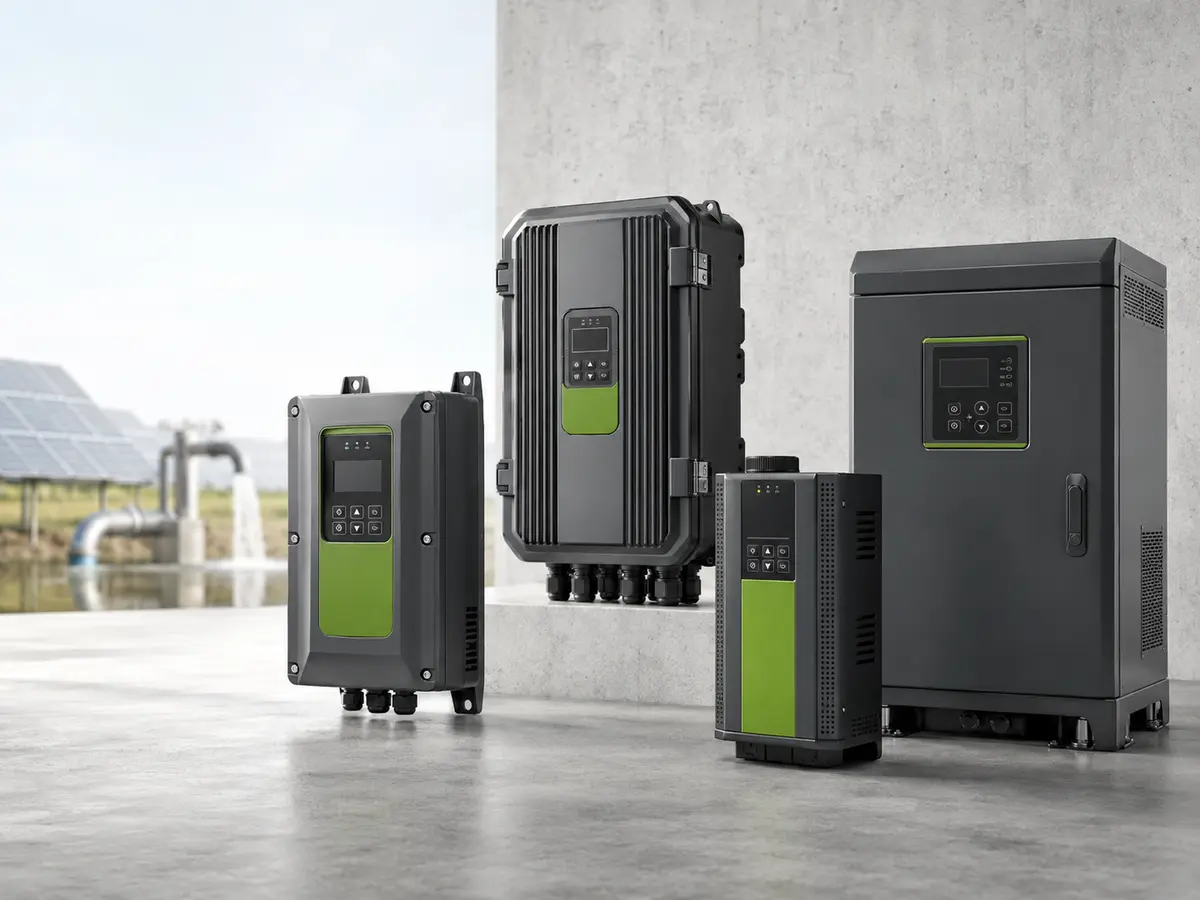 Four UFELE FU9000SI enclosure and control-panel options for solar water pumping