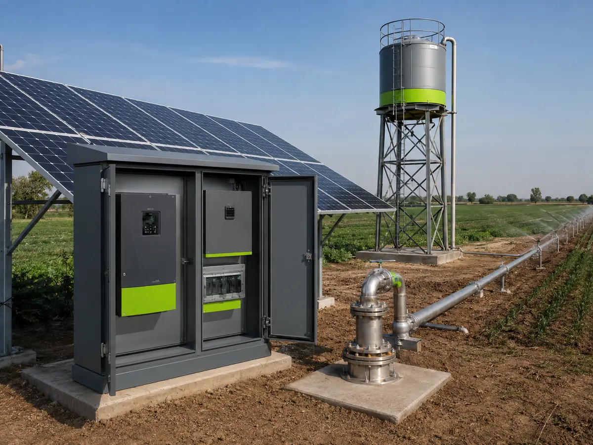 Solar water pumping system for wells and irrigation with PV array pump inverter protection box pump and water tank