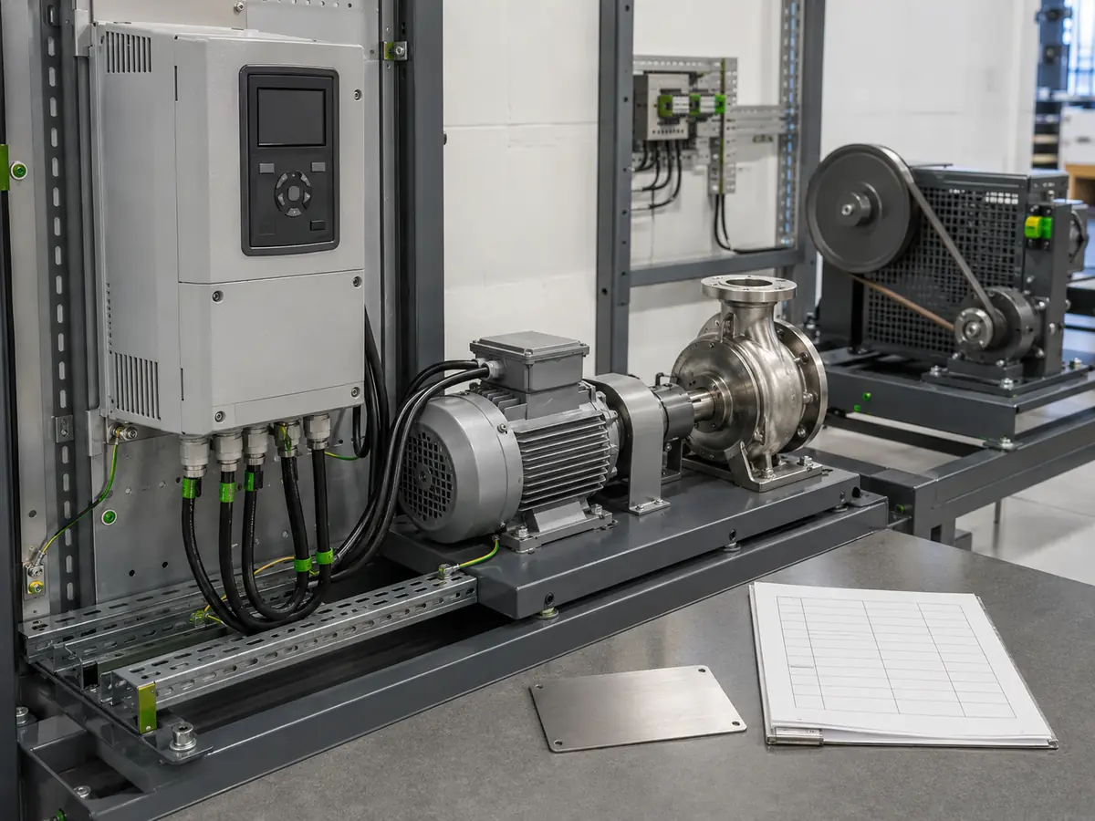 VFD, Motor Current and Load Duty Reference VFD connected to a three-phase motor, centrifugal pump and load test unit for motor control selection