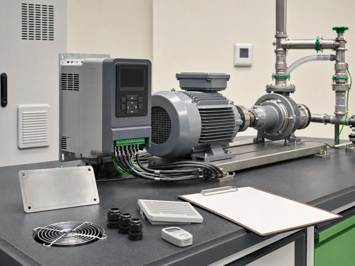 VFD Motor and Load Selection Check VFD connected to a three-phase motor and centrifugal pump on an application test bench